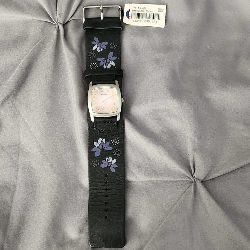 Fossil JR8350 Women Watch Black Leather Wide Cuff Band Floral Pink Dial NWT